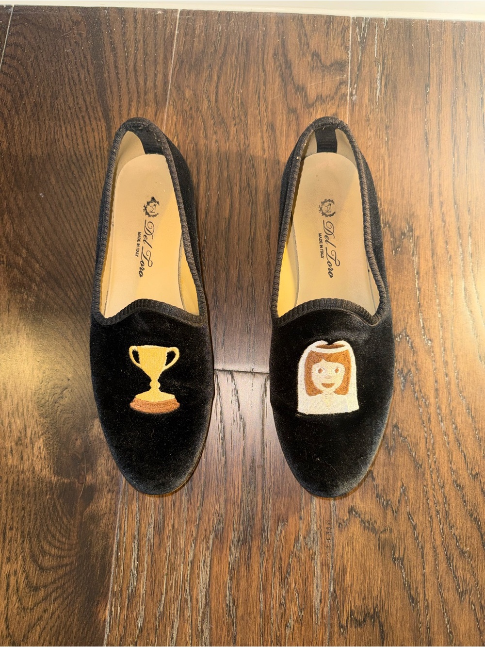 Deluc Black Velvet Slip-On Loafers with Embroidered Trophy & Portrait